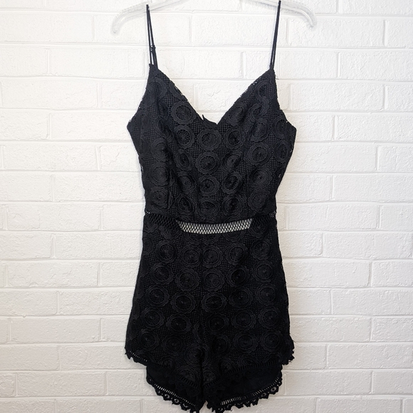 Lovers + Friends Revolve Songbird Black Crochet Lace Cut Out Tie Back Romper - Picture 3 of 6
